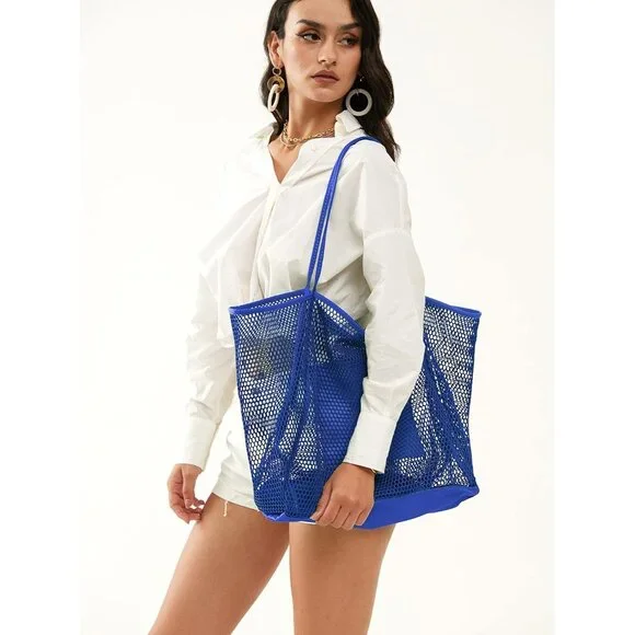 Women's  Klein Blue Mesh Beach Tote Nylon/polyester No-closure Shoulder Hand Bag - Picture 7 of 7